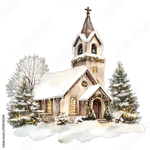 Watercolor Christmas church in a snowy forest with glowing windows and festive trees