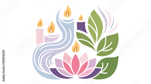 Colorful illustration of lit candles and lotus flower with green leaves on white background symbolizing peace and serenity in a natural setting