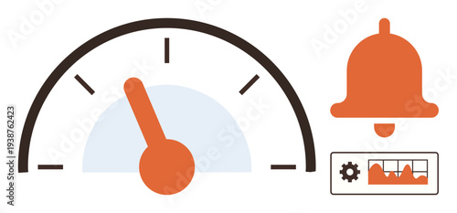 Productivity tracking, performance metrics, alert notifications, workflow efficiency, monitoring systems, data analysis. Gauge with needle, bell icon and gear with analytics. Productivity tracking