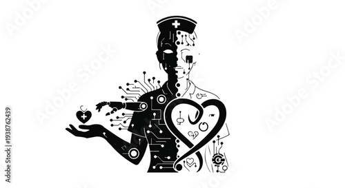 Robot holding heart, mechanical love, futuristic illustration