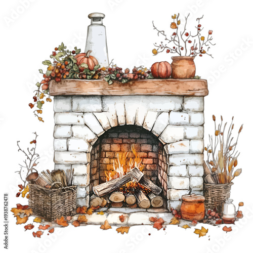 Watercolor Autumn Fireplace Illustration with Pumpkins and Leaves