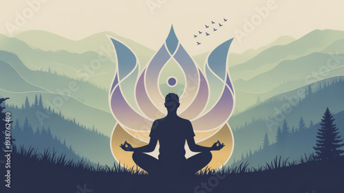 Person meditating in lotus position with floral design serene mountain landscape background yoga and mindfulness concept for relaxation and inner peace