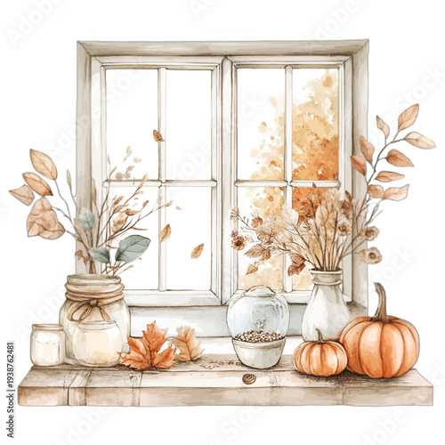 Watercolor autumn window sill with pumpkins, dried branches and glass jars
