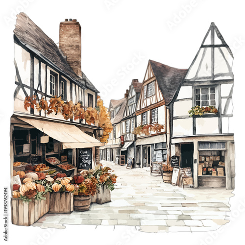 Watercolor Tudor street illustration with vintage flower shop facade