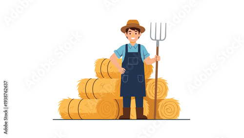Cheerful male farmer with a straw hat and denim apron, confidently holding a pitchfork next to stacked hay bales, symbolizing hard work and harvest season.