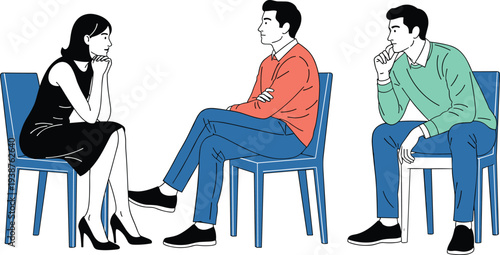 People sitting on chairs in discussion, interview or counseling session, thoughtful conversation and listening poses, modern minimal character illustration, flat vector social interac