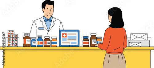 Pharmacist assisting customer at pharmacy counter with medicines bottles prescription service healthcare drugstore interior scene vector illustration isolated on white background
