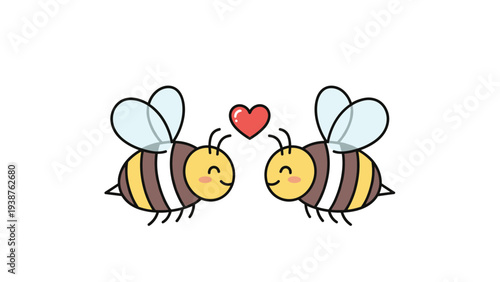 Two adorable cartoon bees happily sharing a small red heart between them, symbolizing love, affection, friendship, and the sweet bond of companionship.