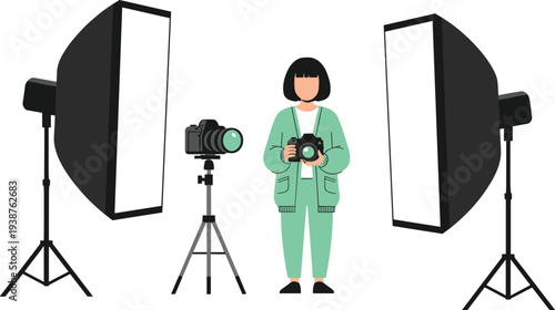 Photography Studio Setup Vector Illustration with Photographer, Camera on Tripod and Softbox Lighting Equipment for Professional Photo Shoot and Media Production