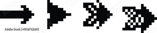 Pixel arrow cursor icons set showing progressive digital pointer styles, retro black and white pixel art illustration for user interface and technology concepts