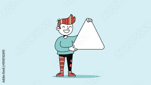 Cheerful man with colorful hair enthusiastically holding a large blank white triangle sign, offering a customizable space for text or graphics.