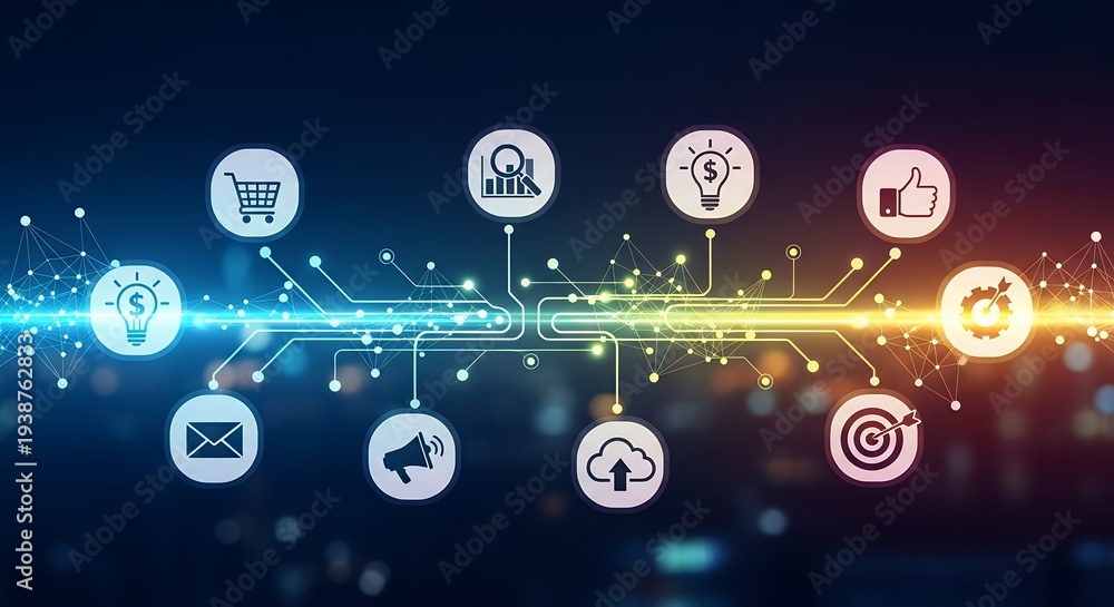 custom made wallpaper toronto digitalA vibrant digital network connecting various business and marketing icons on a dark background.
