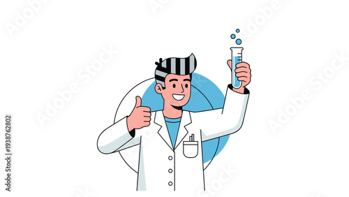 Cheerful male scientist in a lab coat enthusiastically holding a bubbling test tube and giving a thumbs up, symbolizing scientific discovery and success.