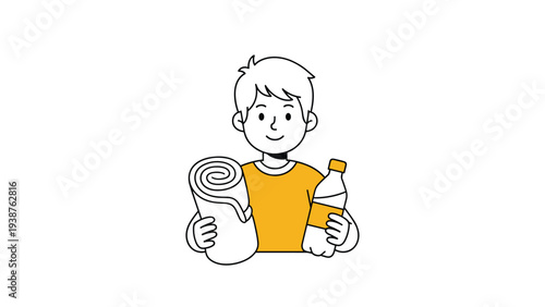 Simple cartoon illustration of a cheerful boy holding a rolled towel and a water bottle, suggesting readiness for sports, exercise, or a beach trip.