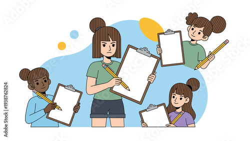 Diverse group of girls holding clipboards and pencils, featuring varied expressions from stern to cheerful, symbolizing education, documentation, or creative tasks.