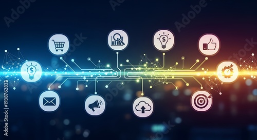 Wallpaper Mural A vibrant digital network connecting various business and marketing icons on a dark background. Torontodigital.ca