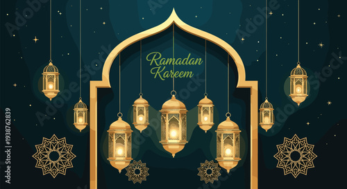 Ramadan Kareem greeting background with glowing lanterns Islamic arch and golden ornaments elegant night sky design festive vector illustration for Eid celebration