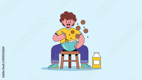 Cheerful boy happily mixing dough in a bowl, surrounded by floating cookies, symbolizing the joy of baking, homemade treats, and culinary creativity.