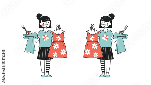 Two identical happy cartoon girls, one holding fabric and scissors, the other displaying a floral dress, symbolizing fashion design, sewing, and creativity.