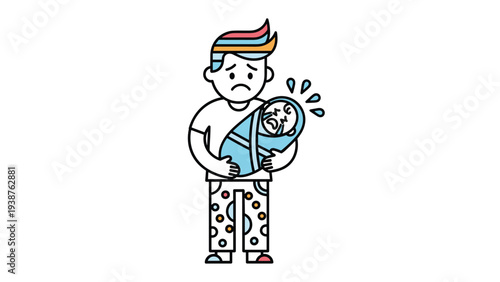 Father feeling overwhelmed and stressed while trying to soothe his loudly crying infant, highlighting the challenges of new parenthood.