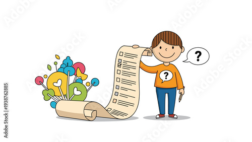 Cheerful boy holding a very long, detailed checklist, contemplating the tasks ahead with curiosity and a slight question mark about what to do next.
