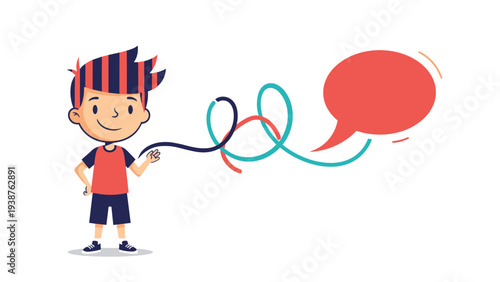 Smiling boy standing confidently next to a large red speech bubble, symbolizing effective communication and expressing thoughts or ideas.