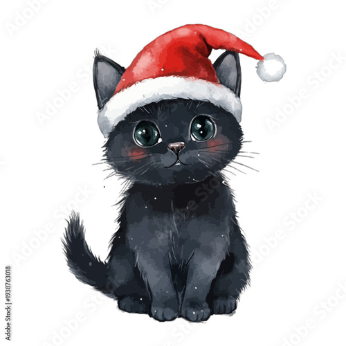 Watercolor black kitten with Santa hat and rosy cheeks on white background