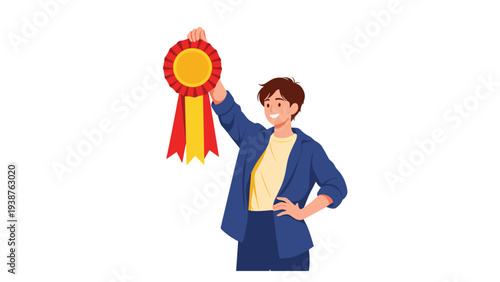 Enthusiastic man confidently holding up a red and gold award ribbon, symbolizing achievement, success, and being a recognized winner.