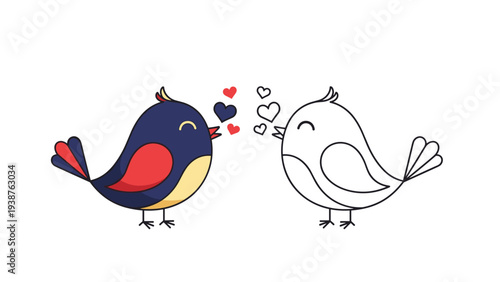 Charming illustration of two cartoon birds, one colored and one outline, affectionately exchanging hearts, symbolizing love and companionship.