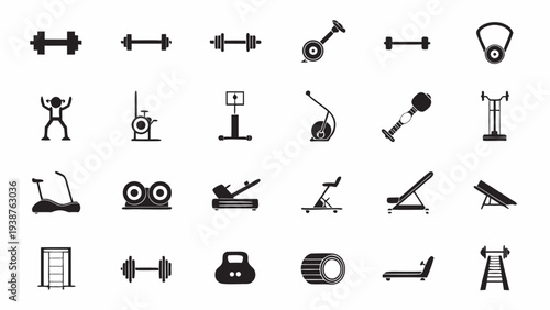 Collection of modern gym equipment and fitness icons for healthy lifestyle