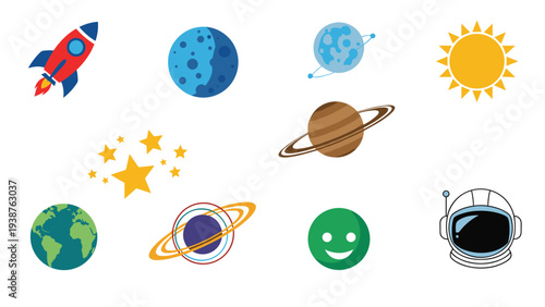 Vibrant collection of space-themed icons featuring a rocket, various planets, sun, stars, Earth, and an astronaut helmet, for cosmic exploration.