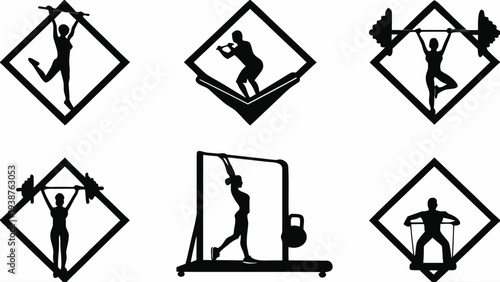 Silhouettes of people exercising with weights and on treadmill