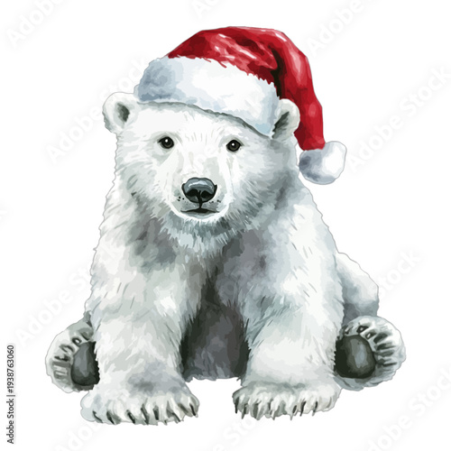 Watercolor Christmas Polar Bear Cub Illustration Wearing Santa Hat