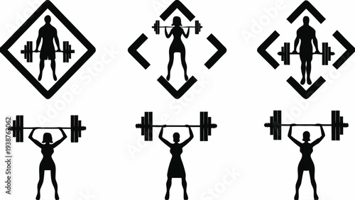 Silhouettes of people lifting weights in various poses and symbols
