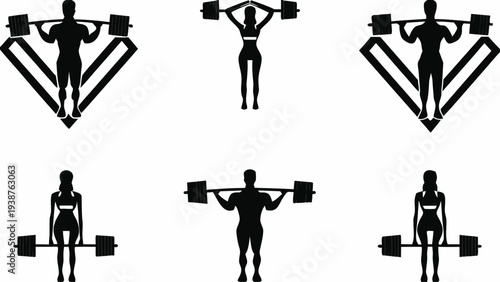 Silhouettes of fit people lifting weights in various poses