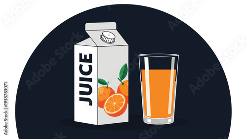 Refreshing illustration of a white carton of orange juice next to a full glass of fresh orange juice, ready for a healthy drink.