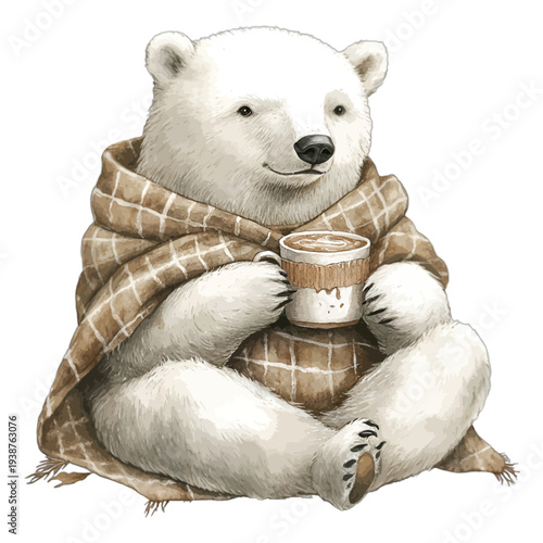 Watercolor Cozy Polar Bear Illustration in Plaid Blanket with Coffee Mug
