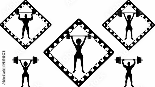 Silhouettes of people lifting weights in diamond shapes