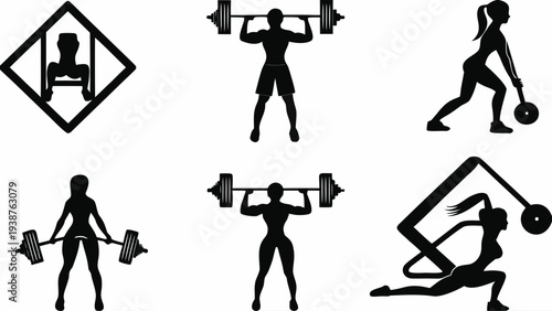 People exercising with weights in various fitness poses and movements