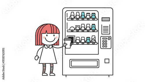 Cute stick figure girl happily purchasing a drink from a modern vending machine, illustrating convenience and quick service.