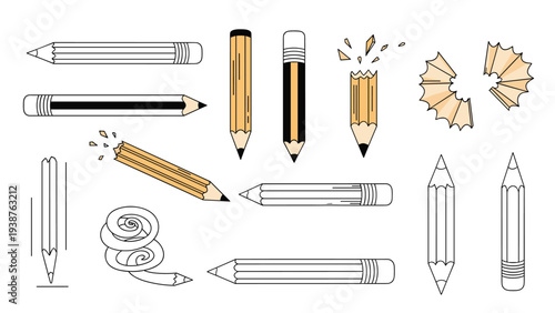 Detailed collection of pencil illustrations showing various stages of use, including sharpened, broken, and pencil shavings, representing creativity and work.