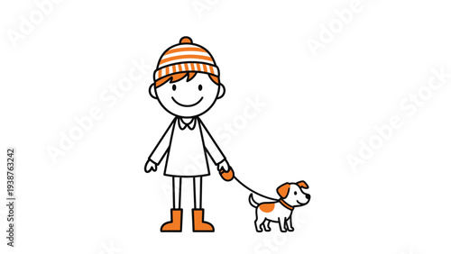 Cute stick figure child wearing a hat and boots, happily walking a small dog on a leash, depicting pet ownership and outdoor activity.
