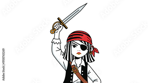 Fearless and strong female pirate character with a sword raised high and an eye patch, embodying adventure and empowerment.