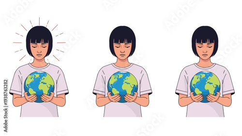 Three-panel illustration depicting a person gently holding the Earth, with an aura of light suggesting peace, contemplation, and environmental consciousness.