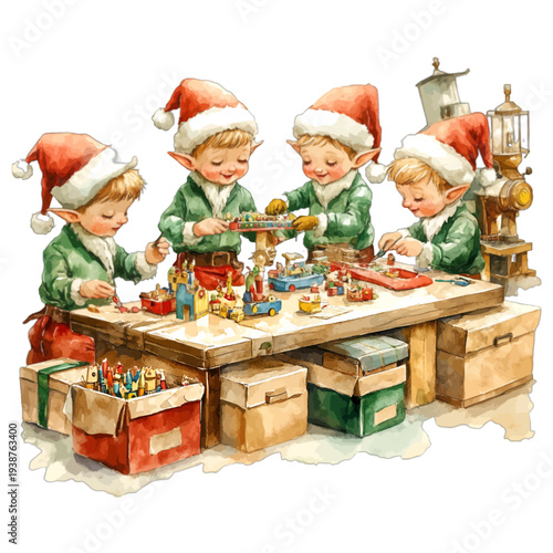 Watercolor Christmas Elves in Santa Workshop Making Toys on Workbench