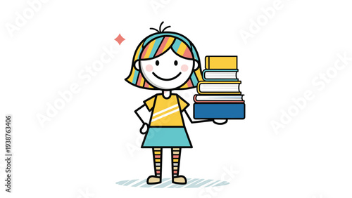 Adorable stick figure girl happily holding a tall stack of colorful books, symbolizing education, learning, and a love for reading.