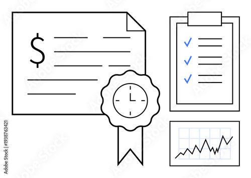 Business management, financial planning, certification, growth analysis, record keeping, compliance. Certificate with ribbon, checklist growth chart. Financial planning and business certification