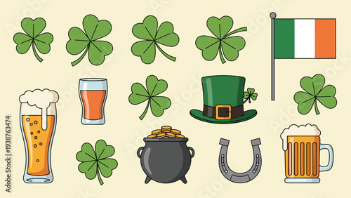 Festive collection of St. Patrick's Day icons featuring shamrocks, Irish flag, beer, leprechaun hat, pot of gold, and a horseshoe, celebrating Irish culture.