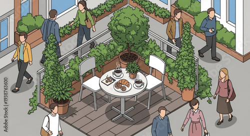 People walking around an outdoor patio with table and plants in a modern building