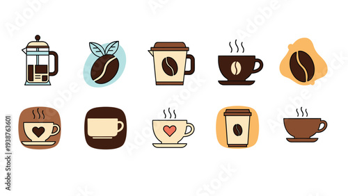 Comprehensive collection of coffee-related icons featuring a French press, coffee beans, and various hot and cold coffee cups, for beverage concepts.